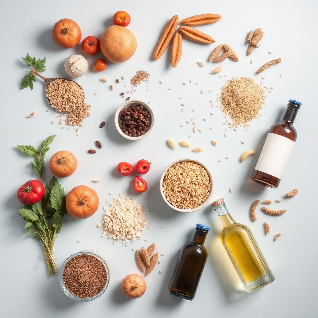 Wholesale farm produce, grains, and bottled goods flat lay